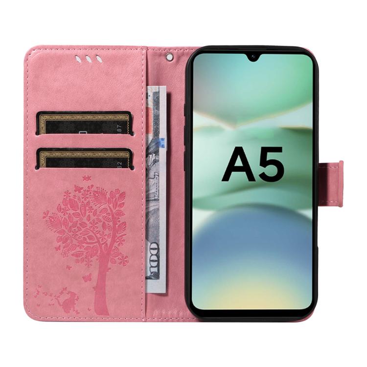 For Redmi A5 4G 173.3mm Tree & Cat Embossed Pattern Flip Leather Phone Case