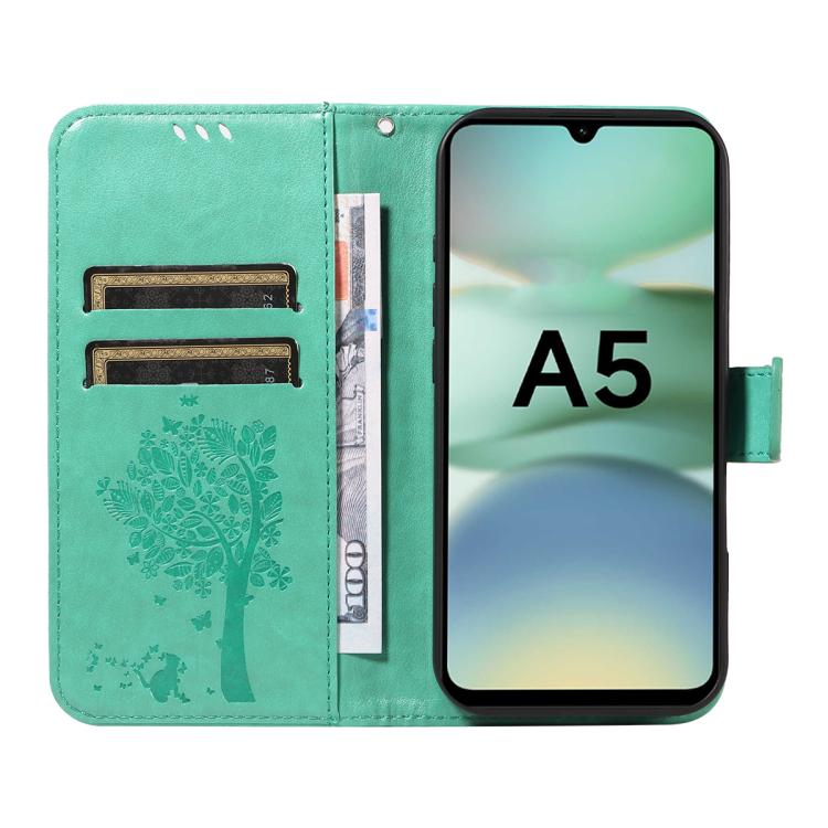 For Redmi A5 4G 173.3mm Tree & Cat Embossed Pattern Flip Leather Phone Case
