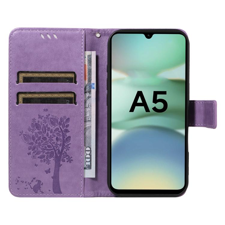For Redmi A5 4G 173.3mm Tree & Cat Embossed Pattern Flip Leather Phone Case