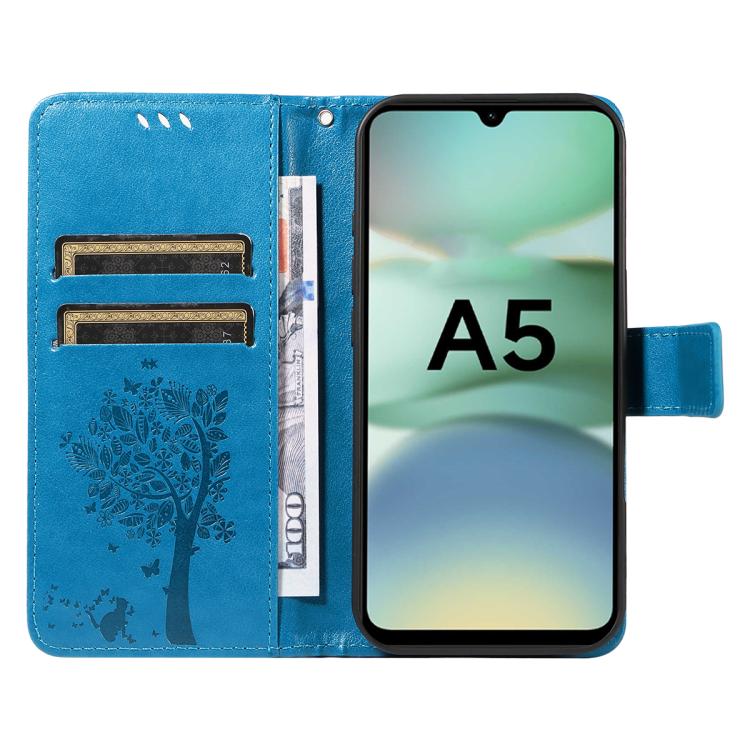 For Redmi A5 4G 173.3mm Tree & Cat Embossed Pattern Flip Leather Phone Case