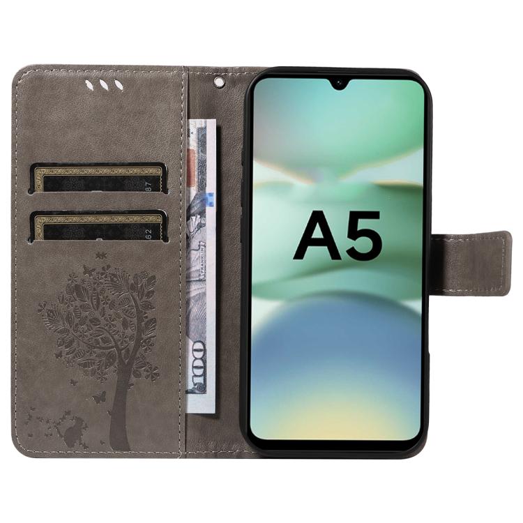 For Redmi A5 4G 173.3mm Tree & Cat Embossed Pattern Flip Leather Phone Case