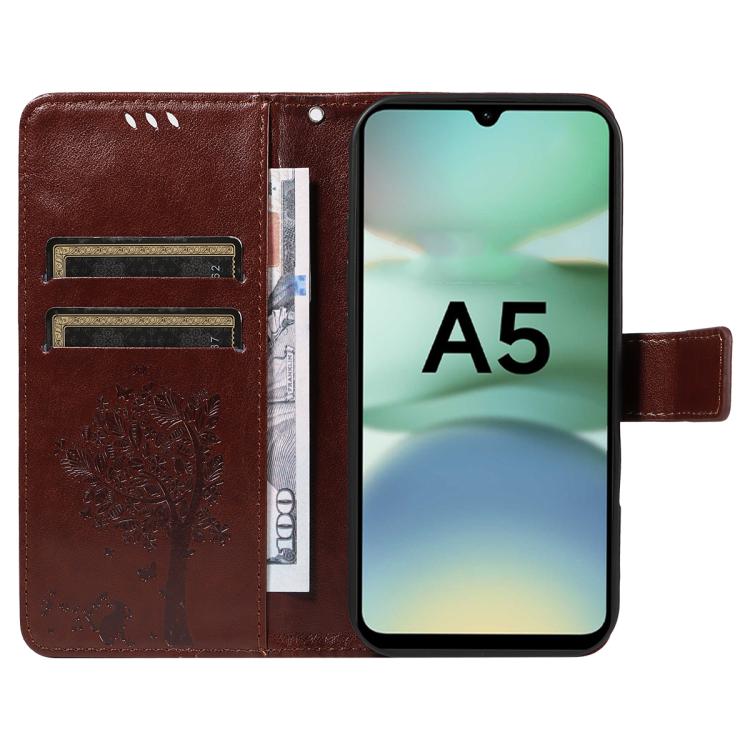 For Redmi A5 4G 173.3mm Tree & Cat Embossed Pattern Flip Leather Phone Case
