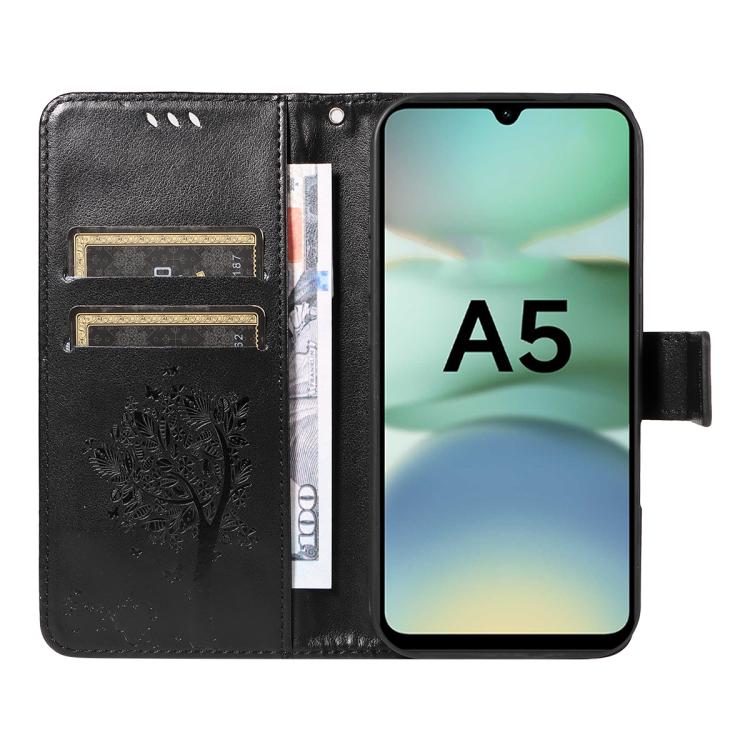 For Redmi A5 4G 173.3mm Tree & Cat Embossed Pattern Flip Leather Phone Case