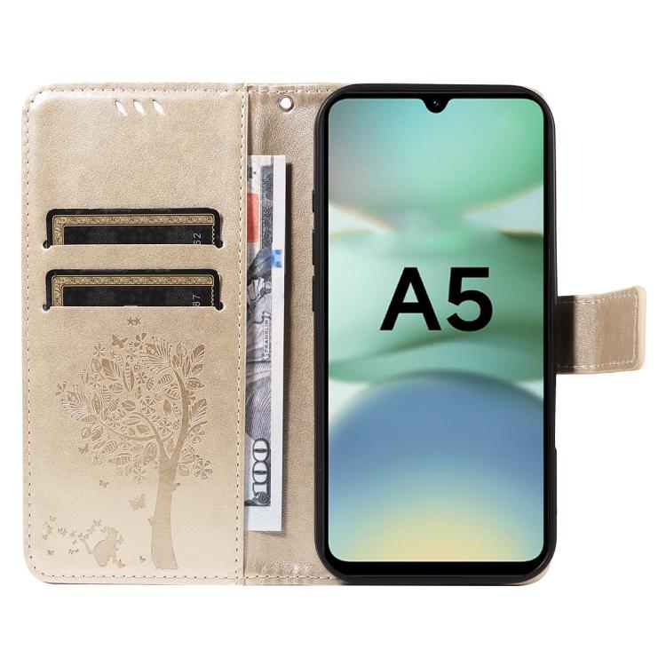For Redmi A5 4G 173.3mm Tree & Cat Embossed Pattern Flip Leather Phone Case