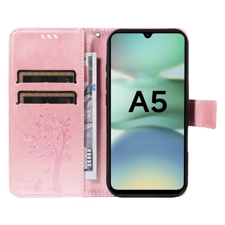 For Redmi A5 4G 173.3mm Tree & Cat Embossed Pattern Flip Leather Phone Case