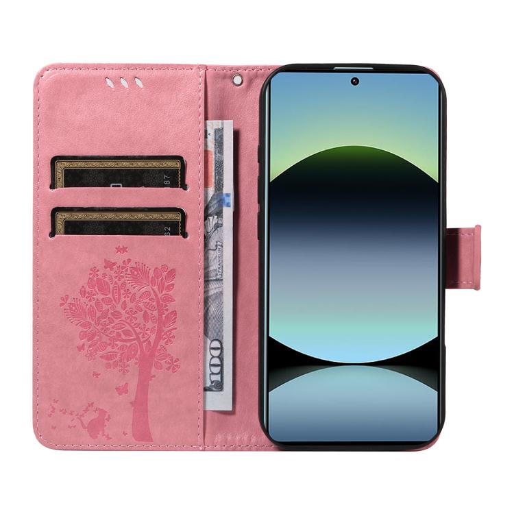 For Redmi Note 14S 4G / Note 13 Pro 4G Tree & Cat Embossed Pattern Flip Leather Phone Case