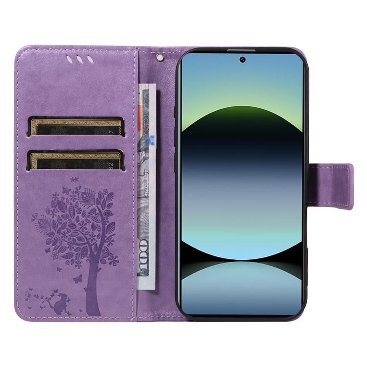 For Redmi Note 14S 4G / Note 13 Pro 4G Tree & Cat Embossed Pattern Flip Leather Phone Case