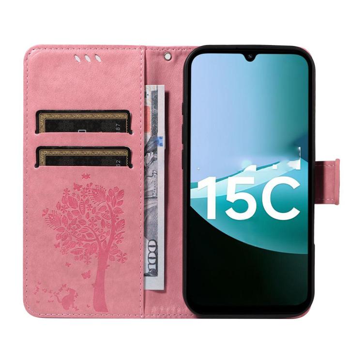 For Redmi 15C 5G / 4G Global 171mm Tree & Cat Embossed Pattern Flip Leather Phone Case