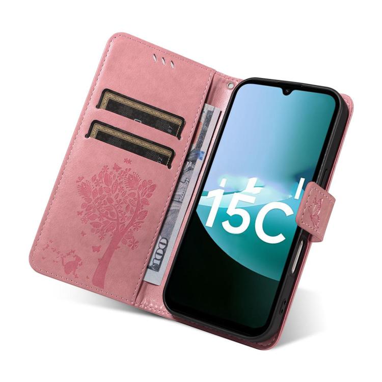 For Redmi 15C 5G / 4G Global 171mm Tree & Cat Embossed Pattern Flip Leather Phone Case