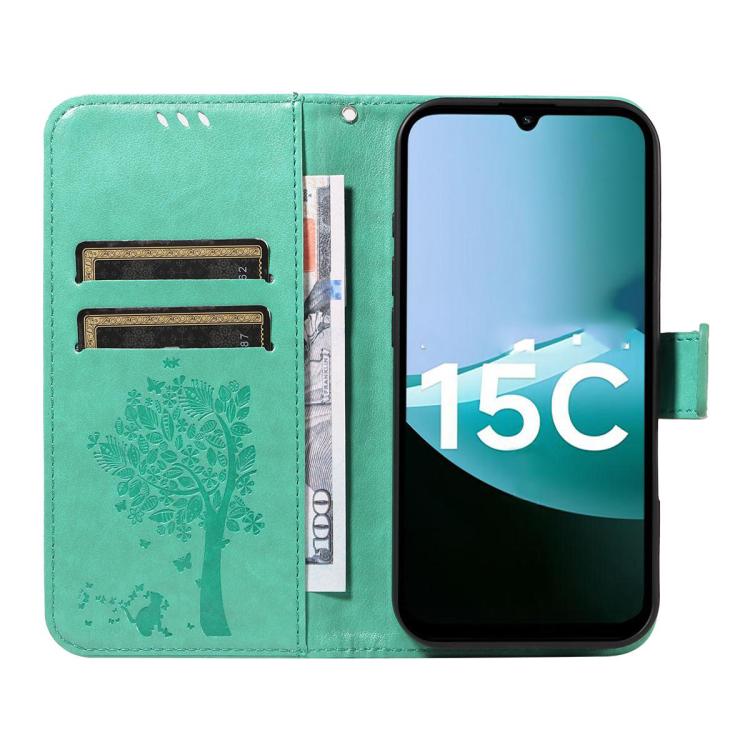 For Redmi 15C 5G / 4G Global 171mm Tree & Cat Embossed Pattern Flip Leather Phone Case