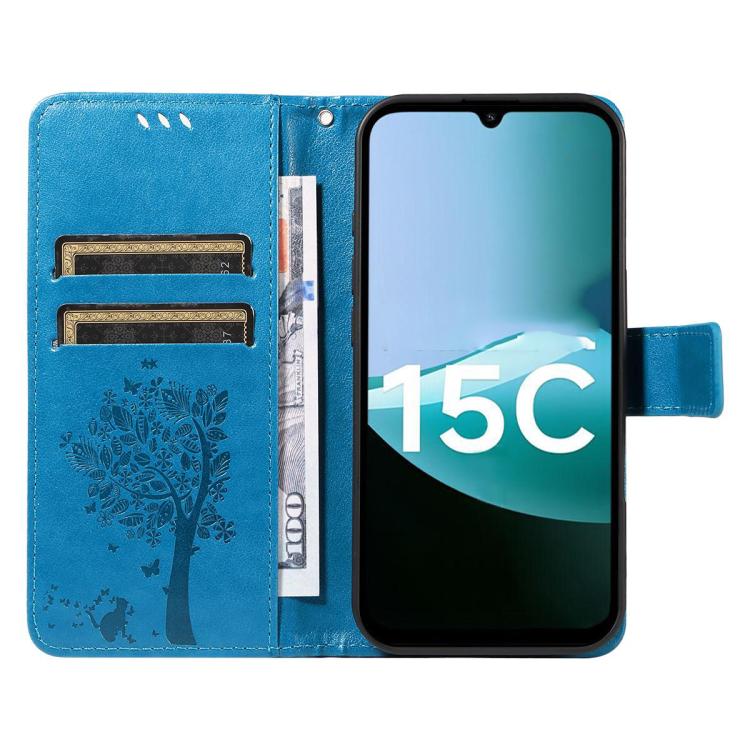 For Redmi 15C 5G / 4G Global 171mm Tree & Cat Embossed Pattern Flip Leather Phone Case