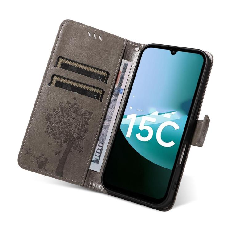 For Redmi 15C 5G / 4G Global 171mm Tree & Cat Embossed Pattern Flip Leather Phone Case