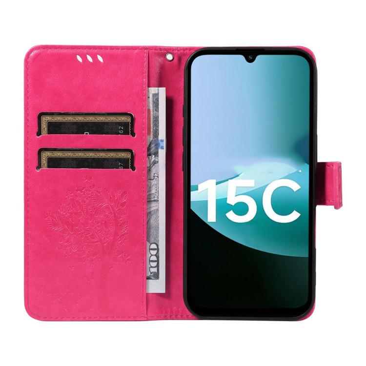 For Redmi 15C 5G / 4G Global 171mm Tree & Cat Embossed Pattern Flip Leather Phone Case