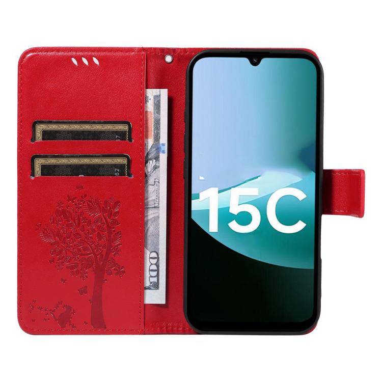 For Redmi 15C 5G / 4G Global 171mm Tree & Cat Embossed Pattern Flip Leather Phone Case