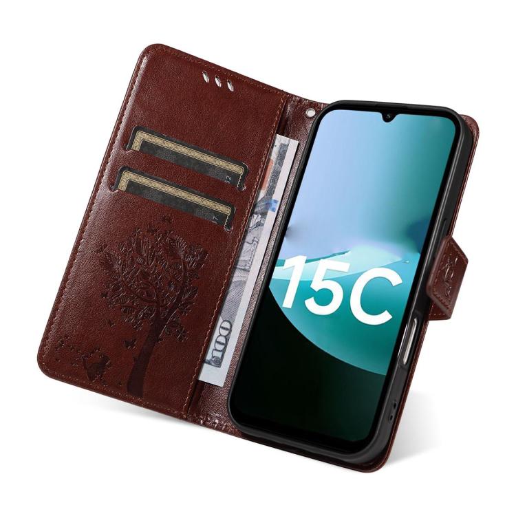 For Redmi 15C 5G / 4G Global 171mm Tree & Cat Embossed Pattern Flip Leather Phone Case