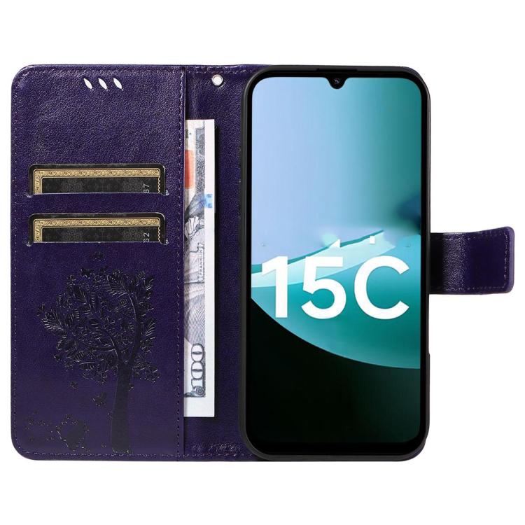 For Redmi 15C 5G / 4G Global 171mm Tree & Cat Embossed Pattern Flip Leather Phone Case