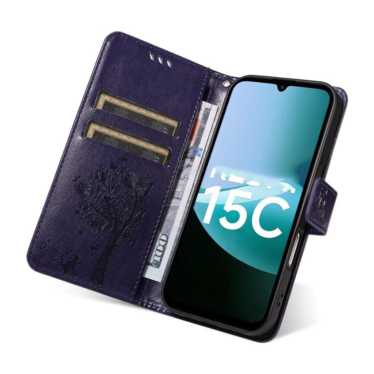 For Redmi 15C 5G / 4G Global 171mm Tree & Cat Embossed Pattern Flip Leather Phone Case