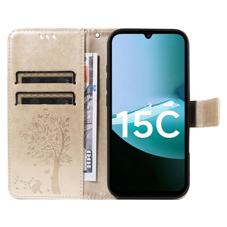 For Redmi 15C 5G / 4G Global 171mm Tree & Cat Embossed Pattern Flip Leather Phone Case
