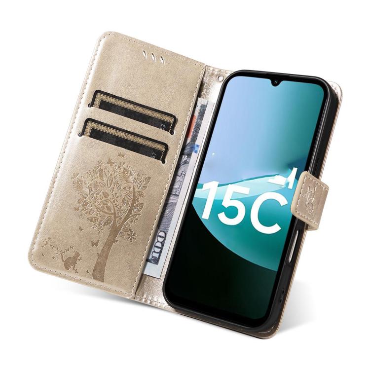 For Redmi 15C 5G / 4G Global 171mm Tree & Cat Embossed Pattern Flip Leather Phone Case