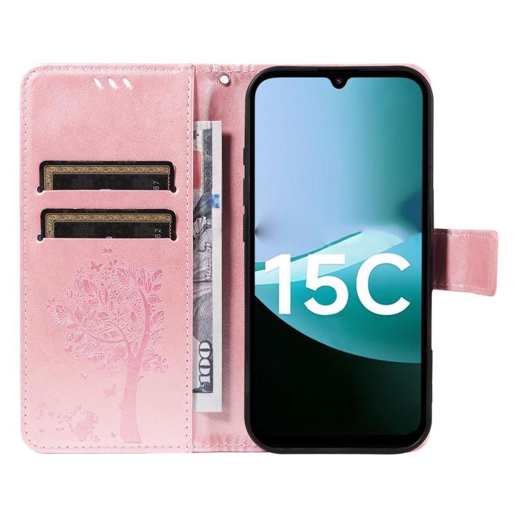 For Redmi 15C 5G / 4G Global 171mm Tree & Cat Embossed Pattern Flip Leather Phone Case