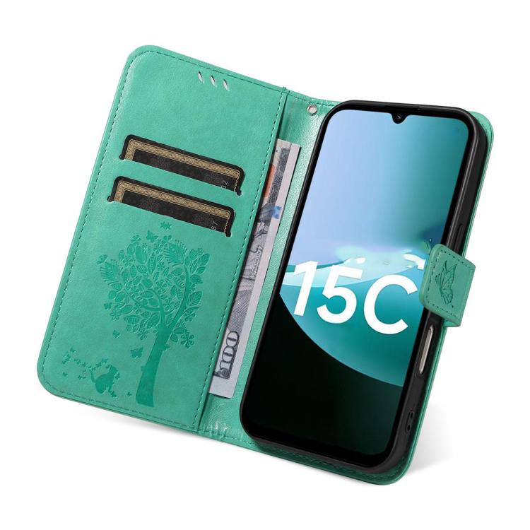 For Redmi 15C 5G / 4G EU 173mm Tree & Cat Embossed Pattern Flip Leather Phone Case