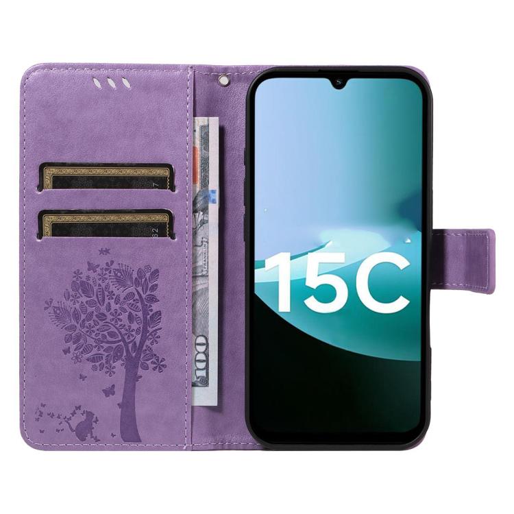 For Redmi 15C 5G / 4G EU 173mm Tree & Cat Embossed Pattern Flip Leather Phone Case