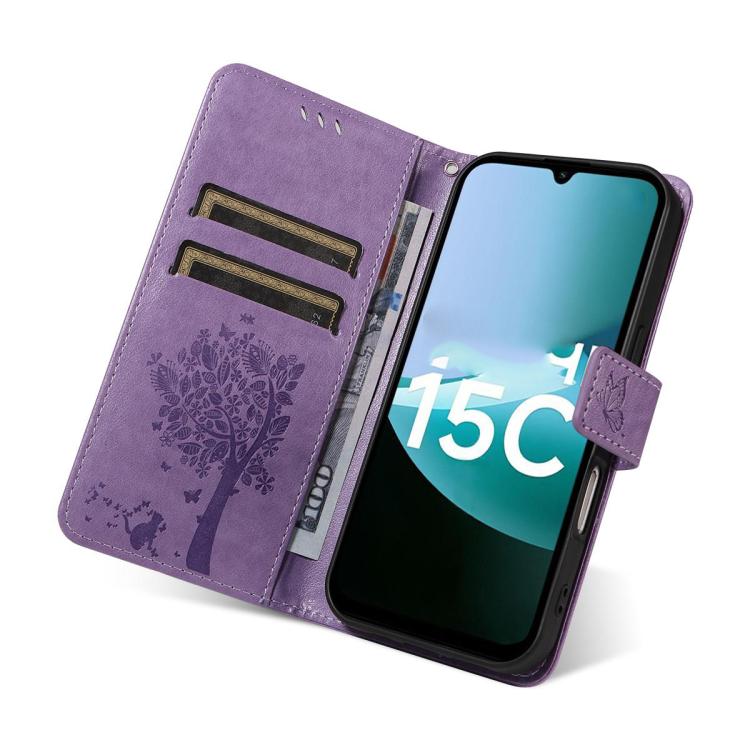 For Redmi 15C 5G / 4G EU 173mm Tree & Cat Embossed Pattern Flip Leather Phone Case