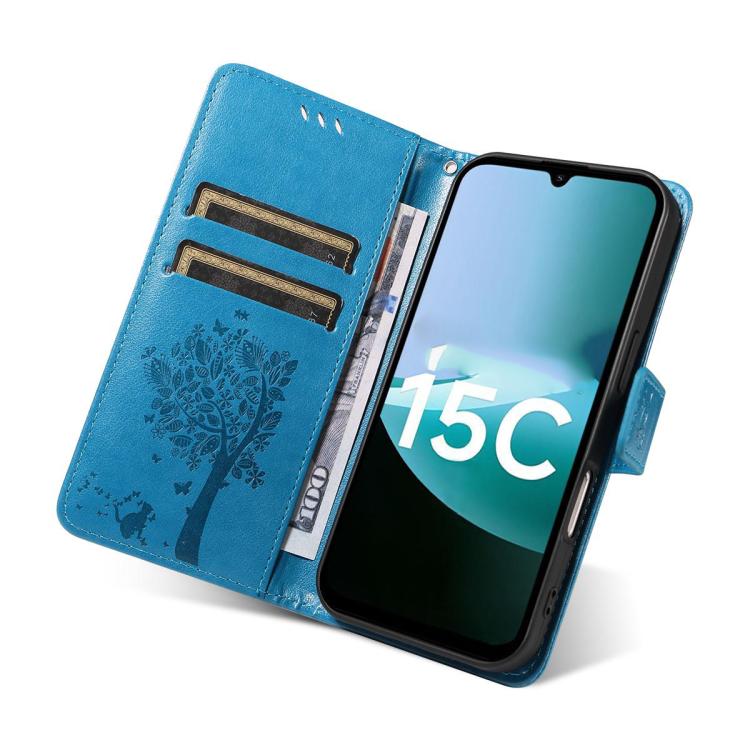 For Redmi 15C 5G / 4G EU 173mm Tree & Cat Embossed Pattern Flip Leather Phone Case