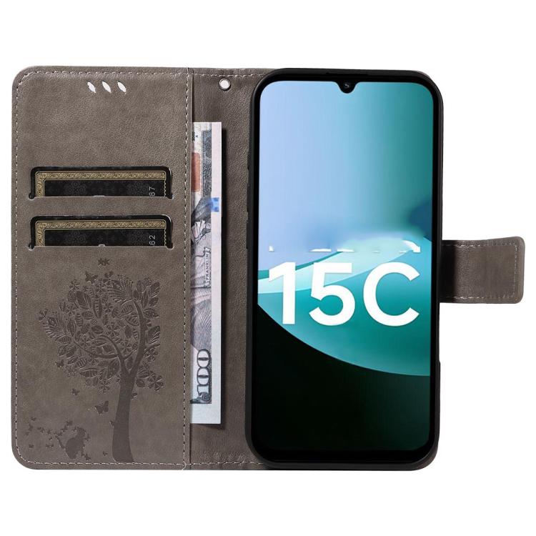 For Redmi 15C 5G / 4G EU 173mm Tree & Cat Embossed Pattern Flip Leather Phone Case