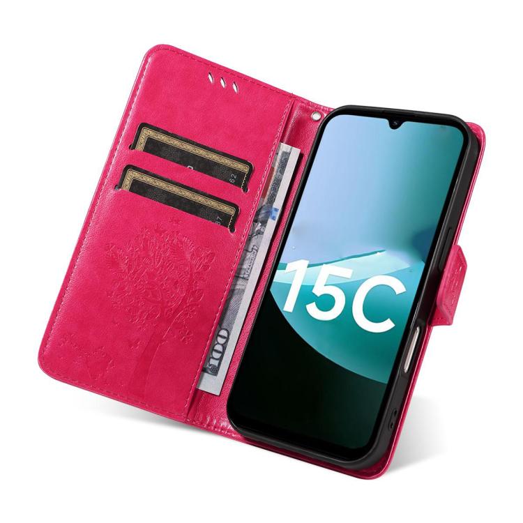 For Redmi 15C 5G / 4G EU 173mm Tree & Cat Embossed Pattern Flip Leather Phone Case