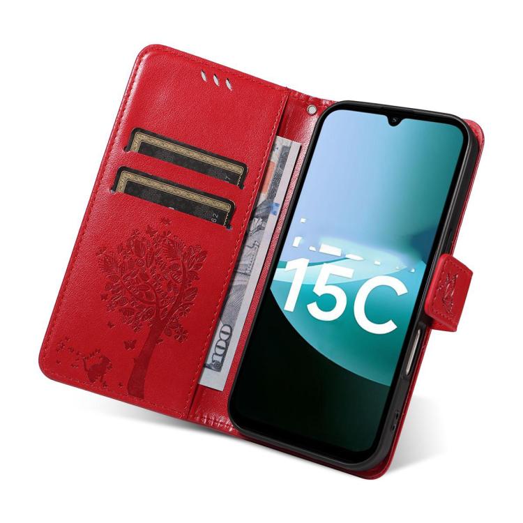 For Redmi 15C 5G / 4G EU 173mm Tree & Cat Embossed Pattern Flip Leather Phone Case