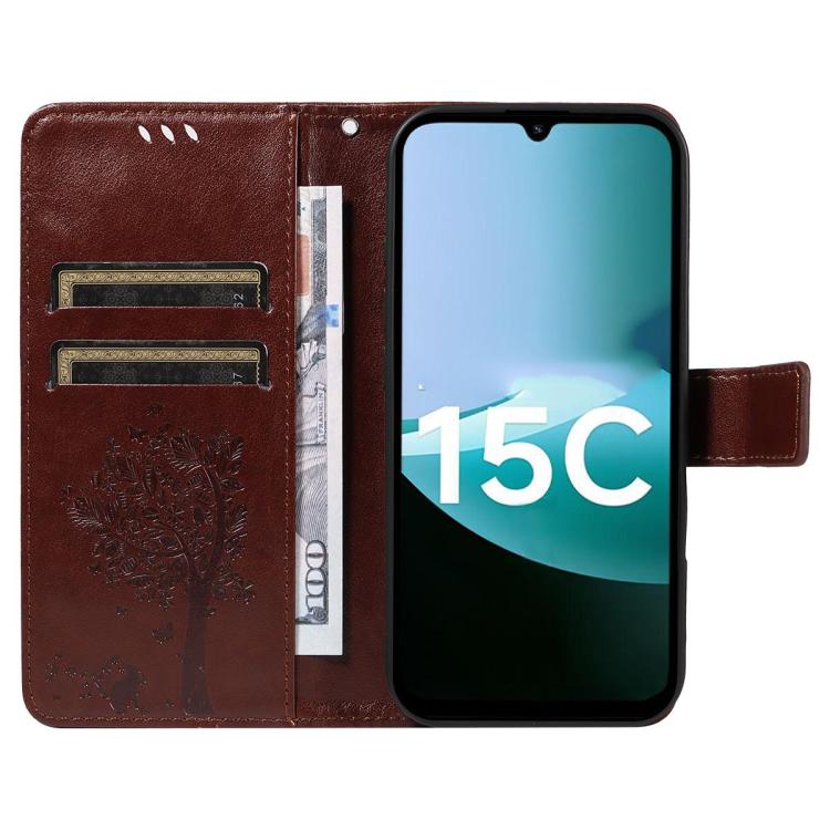 For Redmi 15C 5G / 4G EU 173mm Tree & Cat Embossed Pattern Flip Leather Phone Case