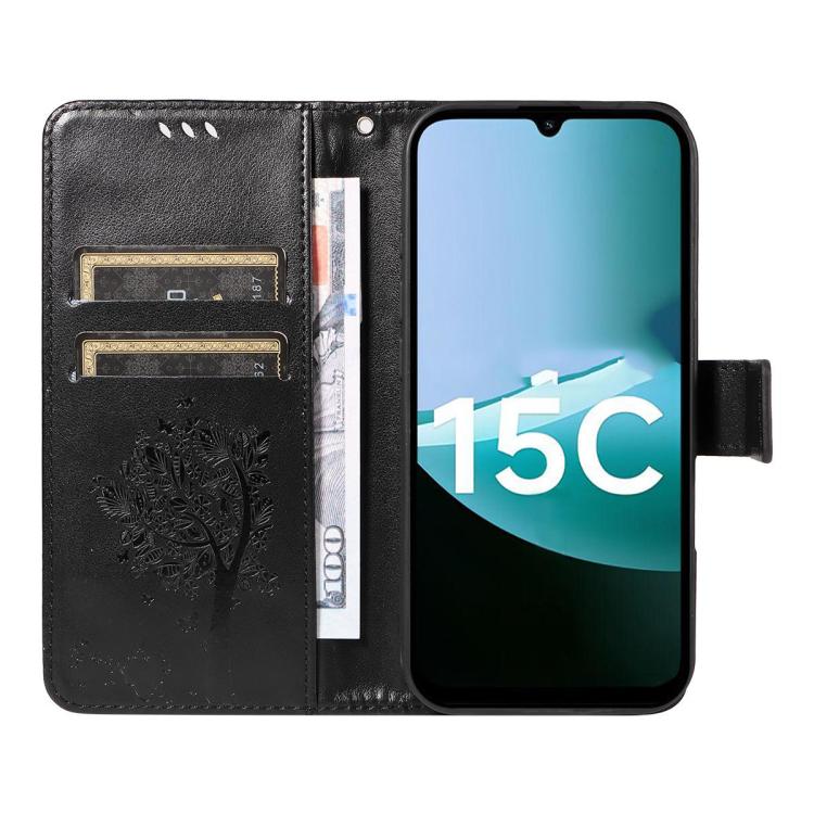 For Redmi 15C 5G / 4G EU 173mm Tree & Cat Embossed Pattern Flip Leather Phone Case
