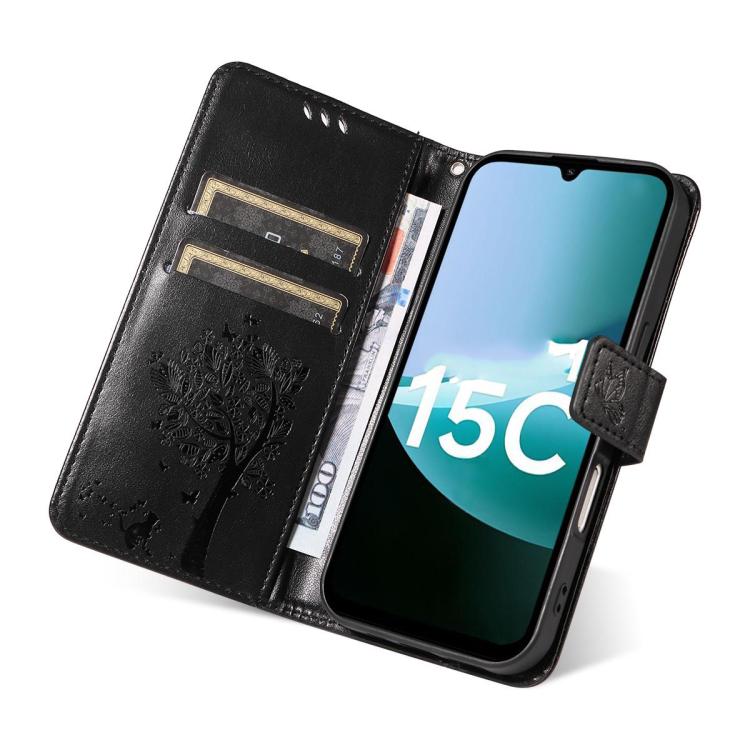 For Redmi 15C 5G / 4G EU 173mm Tree & Cat Embossed Pattern Flip Leather Phone Case