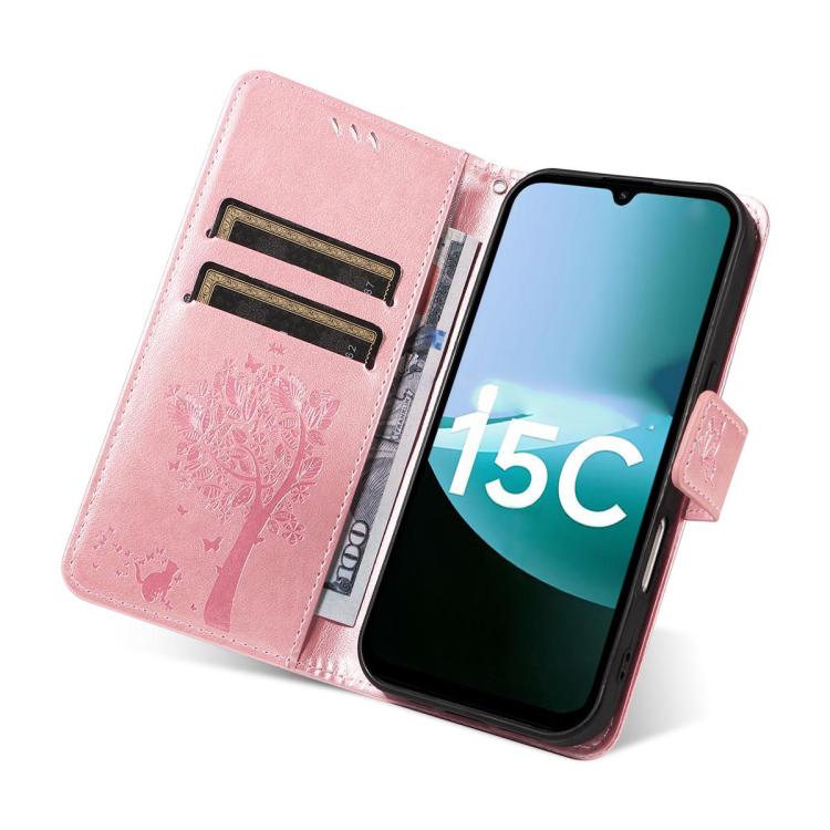 For Redmi 15C 5G / 4G EU 173mm Tree & Cat Embossed Pattern Flip Leather Phone Case