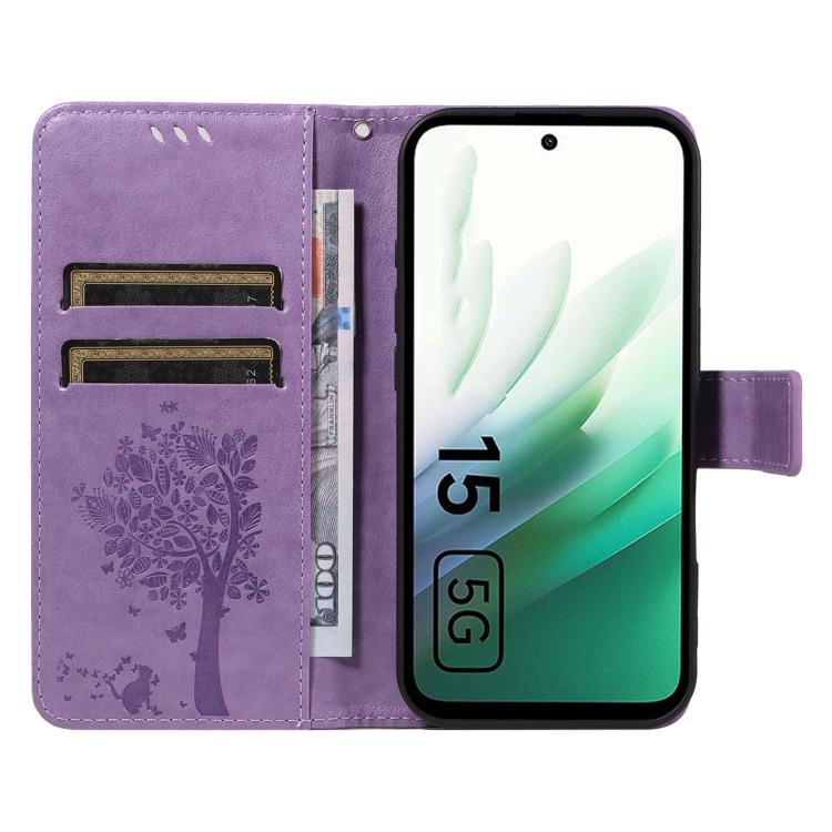 For Redmi 15 5G / 4G EU 171mm Tree & Cat Embossed Pattern Flip Leather Phone Case