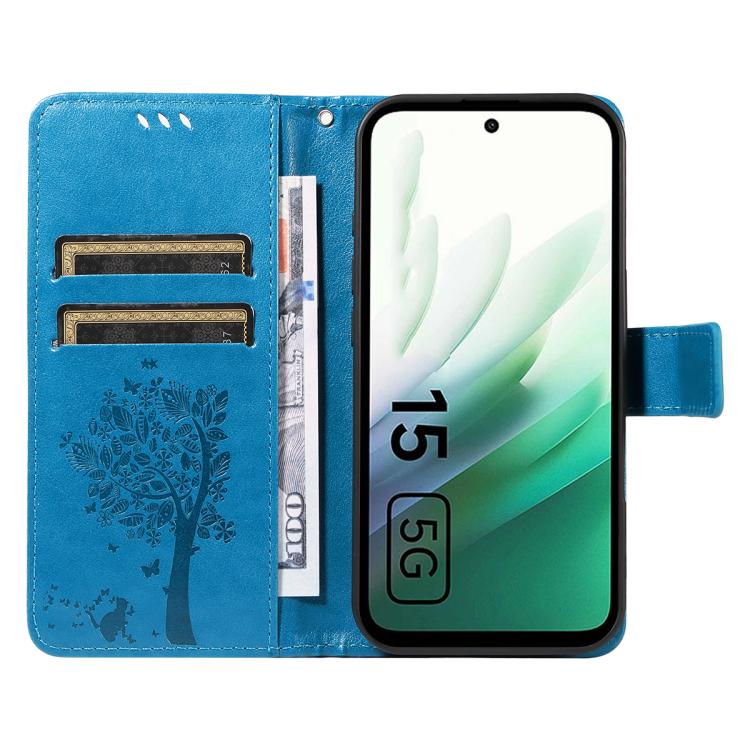 For Redmi 15 5G / 4G EU 171mm Tree & Cat Embossed Pattern Flip Leather Phone Case