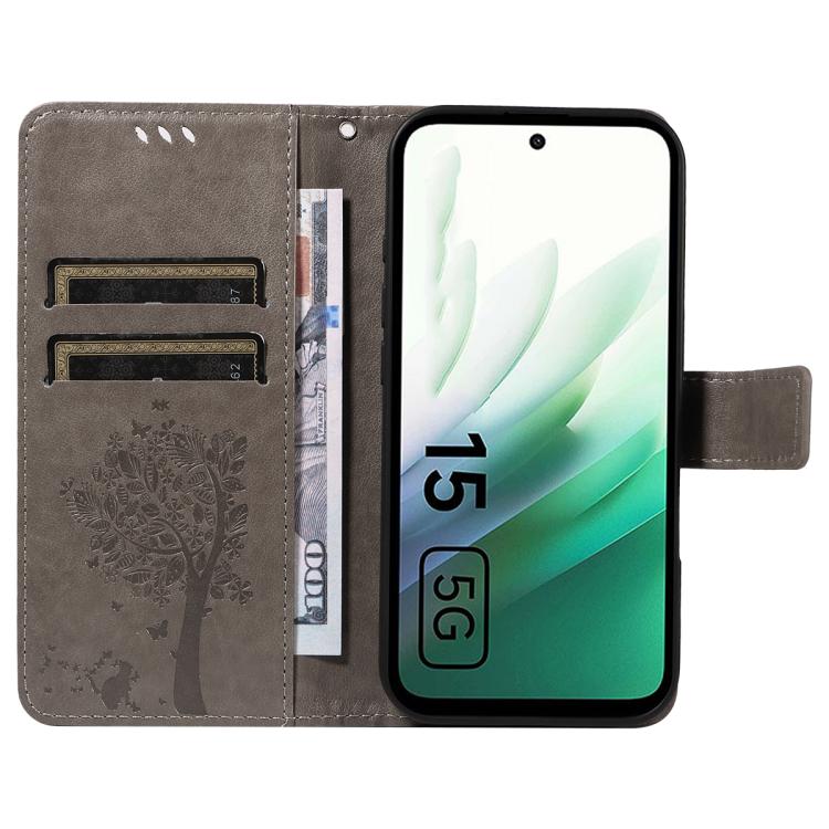 For Redmi 15 5G / 4G EU 171mm Tree & Cat Embossed Pattern Flip Leather Phone Case