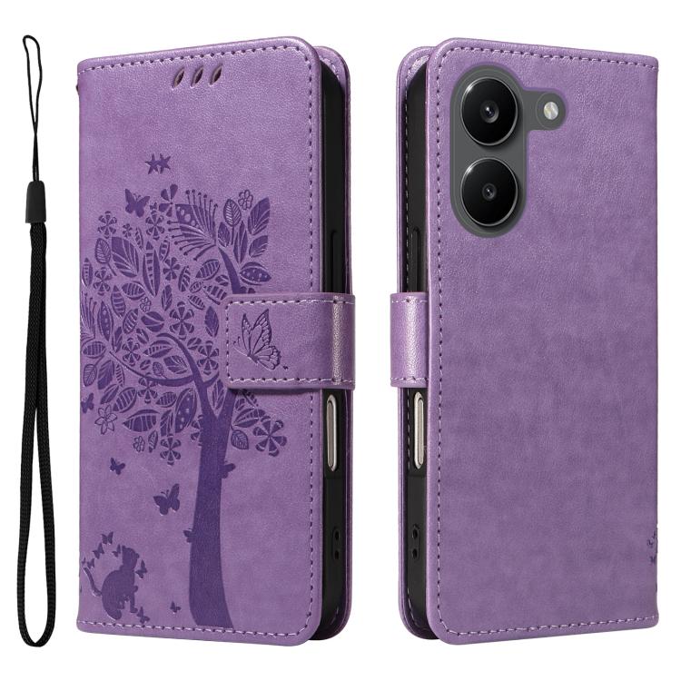 For Redmi Turbo 5 5G / Poco X8 Pro 5G Tree & Cat Embossed Pattern Flip Leather Phone Case