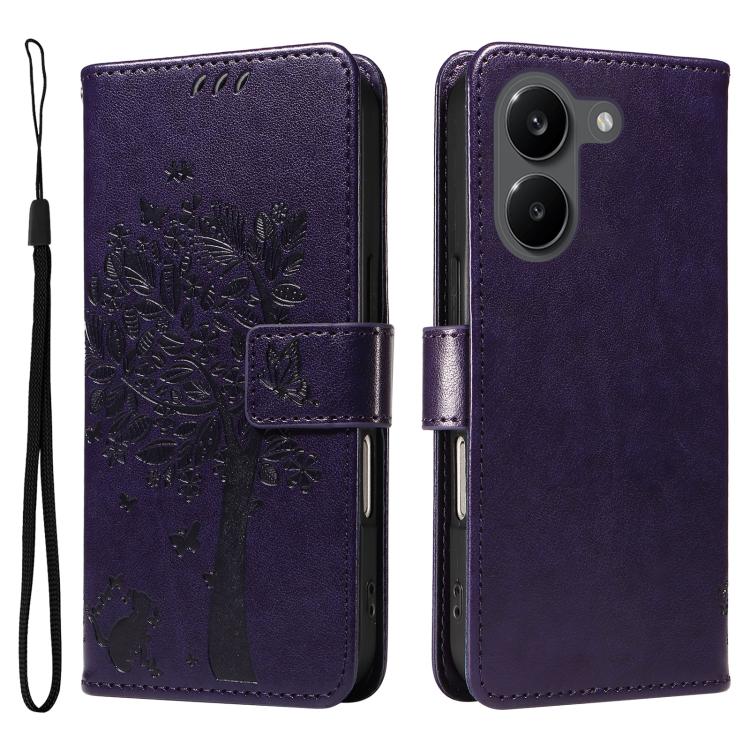 For Redmi Turbo 5 5G / Poco X8 Pro 5G Tree & Cat Embossed Pattern Flip Leather Phone Case
