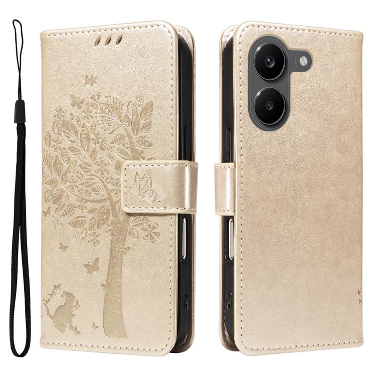 For Redmi Turbo 5 5G / Poco X8 Pro 5G Tree & Cat Embossed Pattern Flip Leather Phone Case