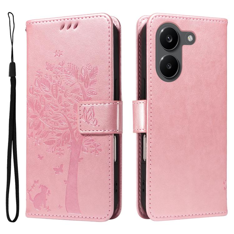 For Redmi Turbo 5 5G / Poco X8 Pro 5G Tree & Cat Embossed Pattern Flip Leather Phone Case