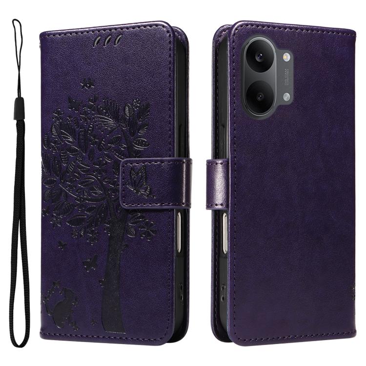 For Redmi Turbo 5 Max 5G Tree & Cat Embossed Pattern Flip Leather Phone Case