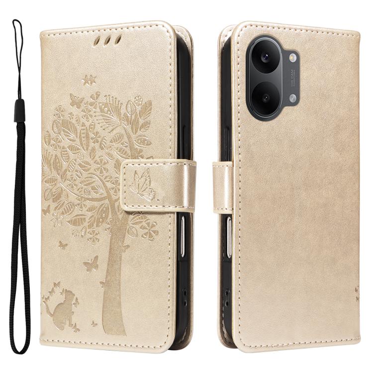 For Redmi Turbo 5 Max 5G Tree & Cat Embossed Pattern Flip Leather Phone Case