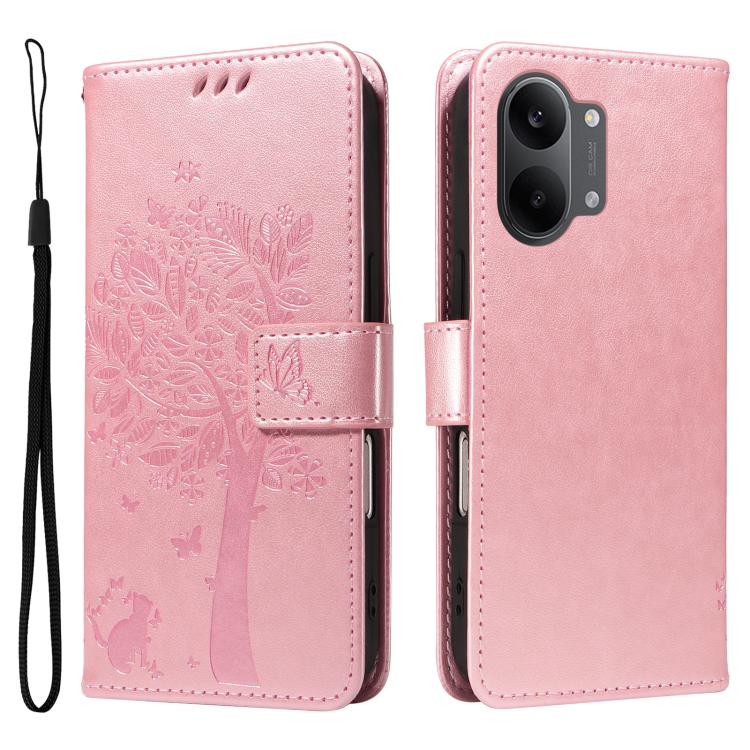 For Redmi Turbo 5 Max 5G Tree & Cat Embossed Pattern Flip Leather Phone Case