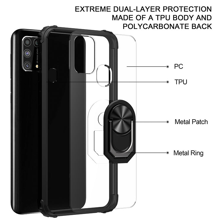 For Samsung Galaxy M31 Shockproof Transparent TPU + Acrylic Protective Case with Ring Holder