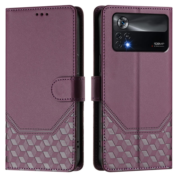 For Xiaomi Poco X4 Pro 5G Honeycomb Embossing RFID Leather Phone Case