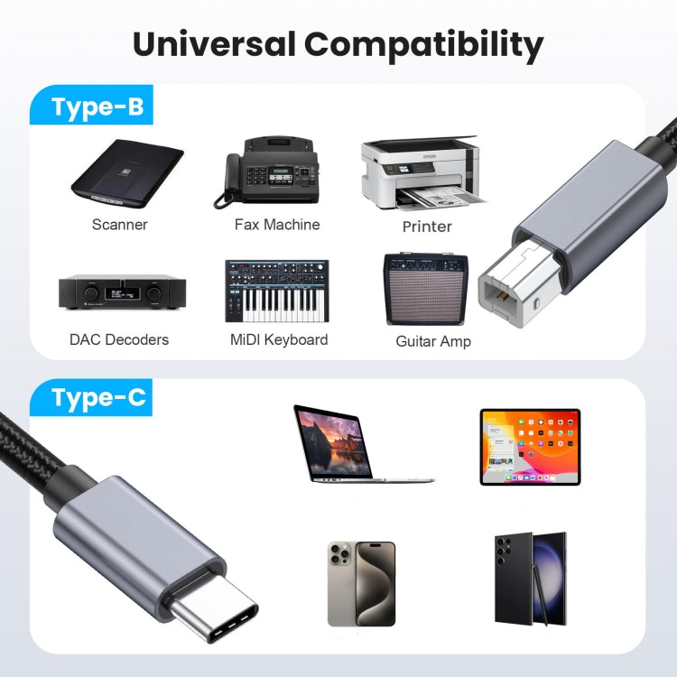 USB-C / Type-C to USB-B BM Printer MIDI Keyboard Adapter Cable, Length:1.8m