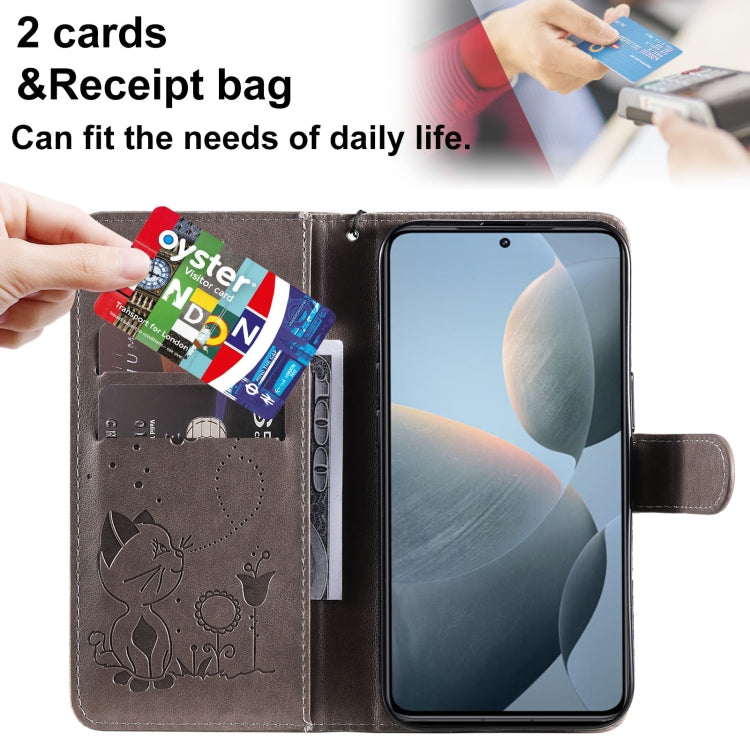 For Xiaomi 14T Cat and Bee Embossed Flip Leather Phone Case