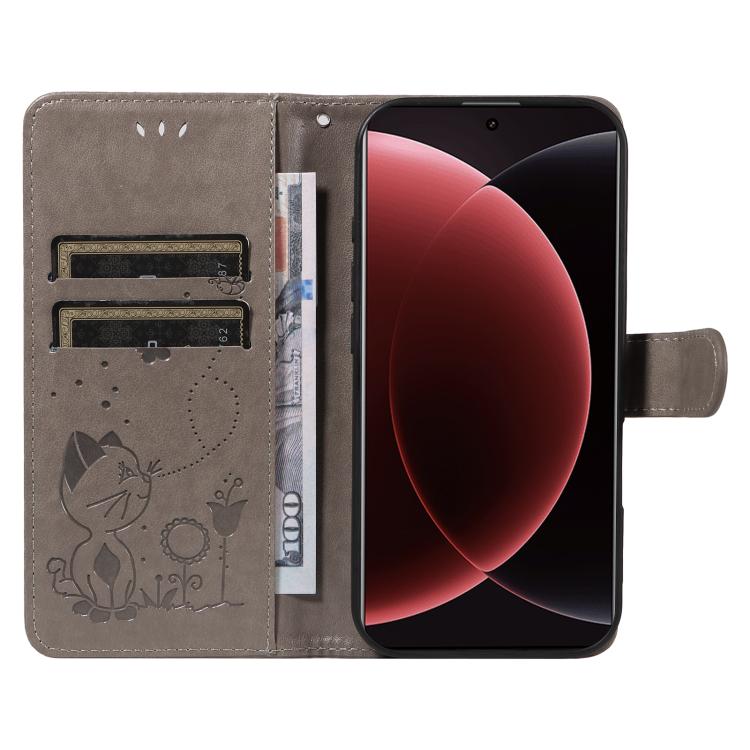 For Xiaomi 15 Ultra 5G Global Cat and Bee Embossed Flip Leather Phone Case